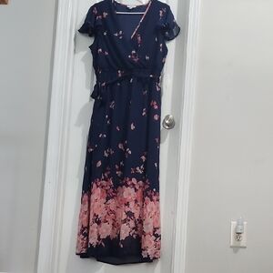 Luxology Navy and Pink Floral Maxi Dress
